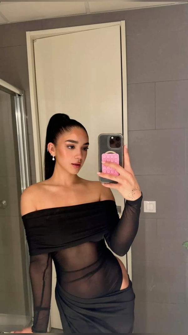 Vestido maxi de malha transparente e mangas compridas Lizy