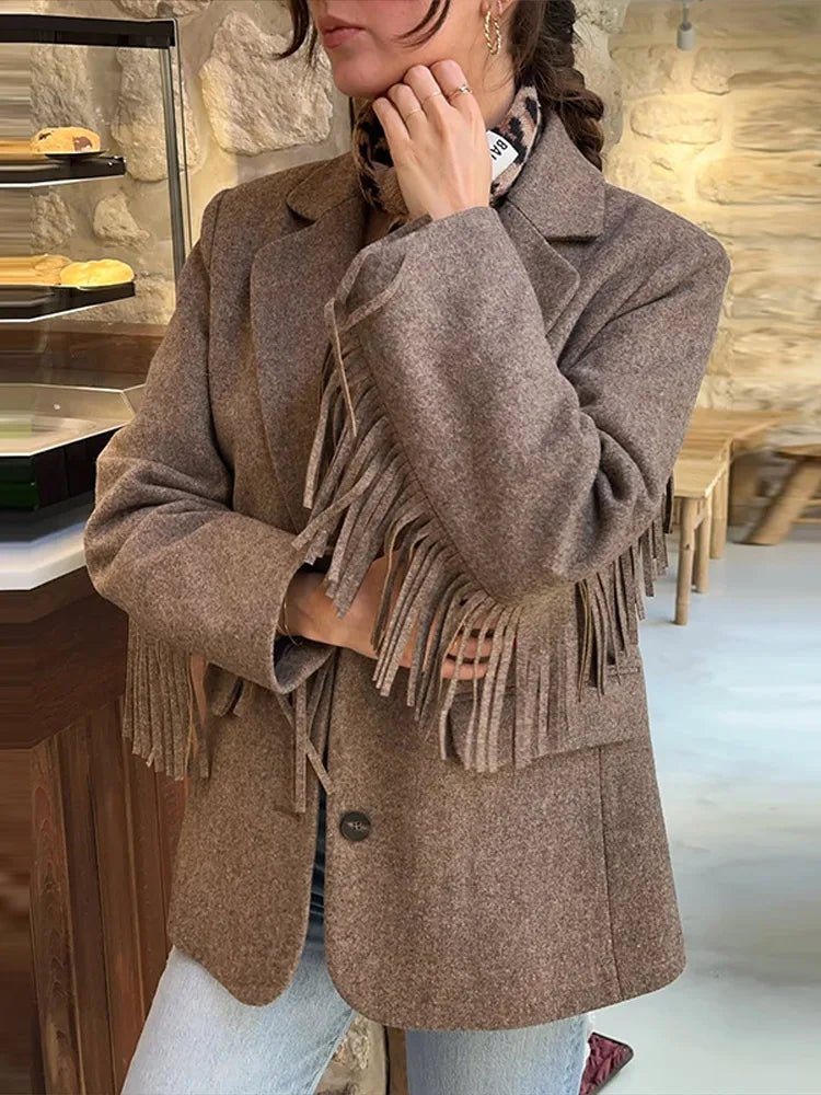 Longline tailored blazer coat in beige, worn open
