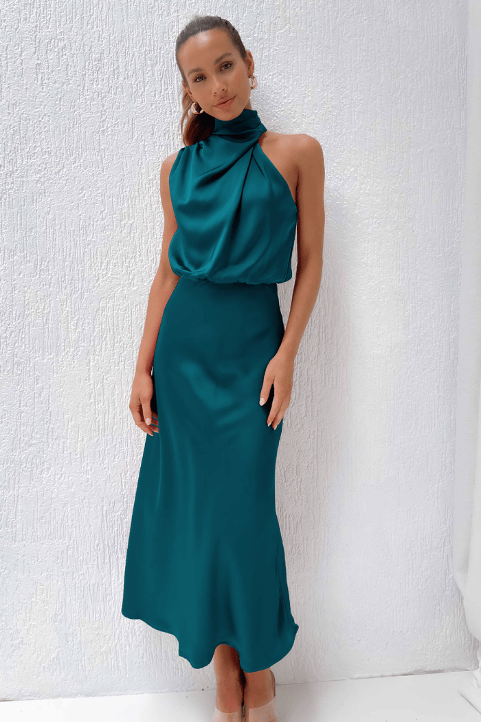 Satin-finish cowl neck maxi dress, floor-length
