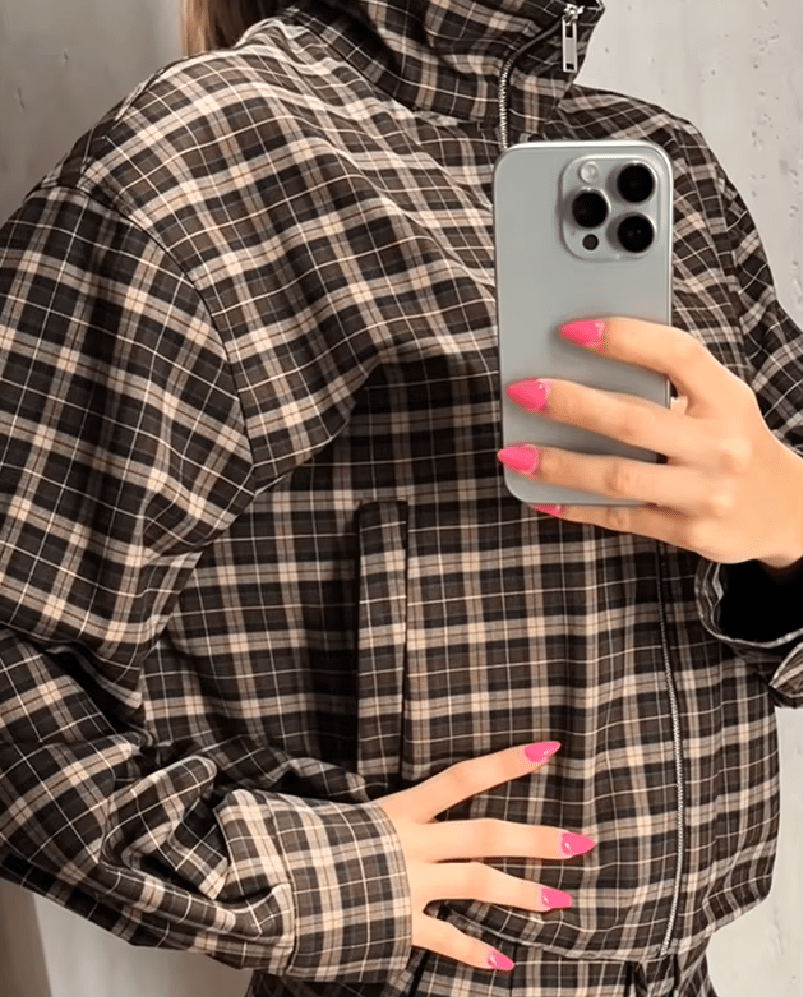 Dagny Check High-Collar Zip Coat in brown check – styled look