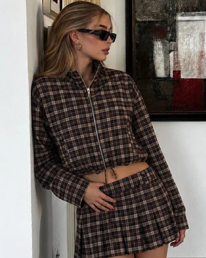 Dagny Check High-Collar Zip Coat in brown check – styled look