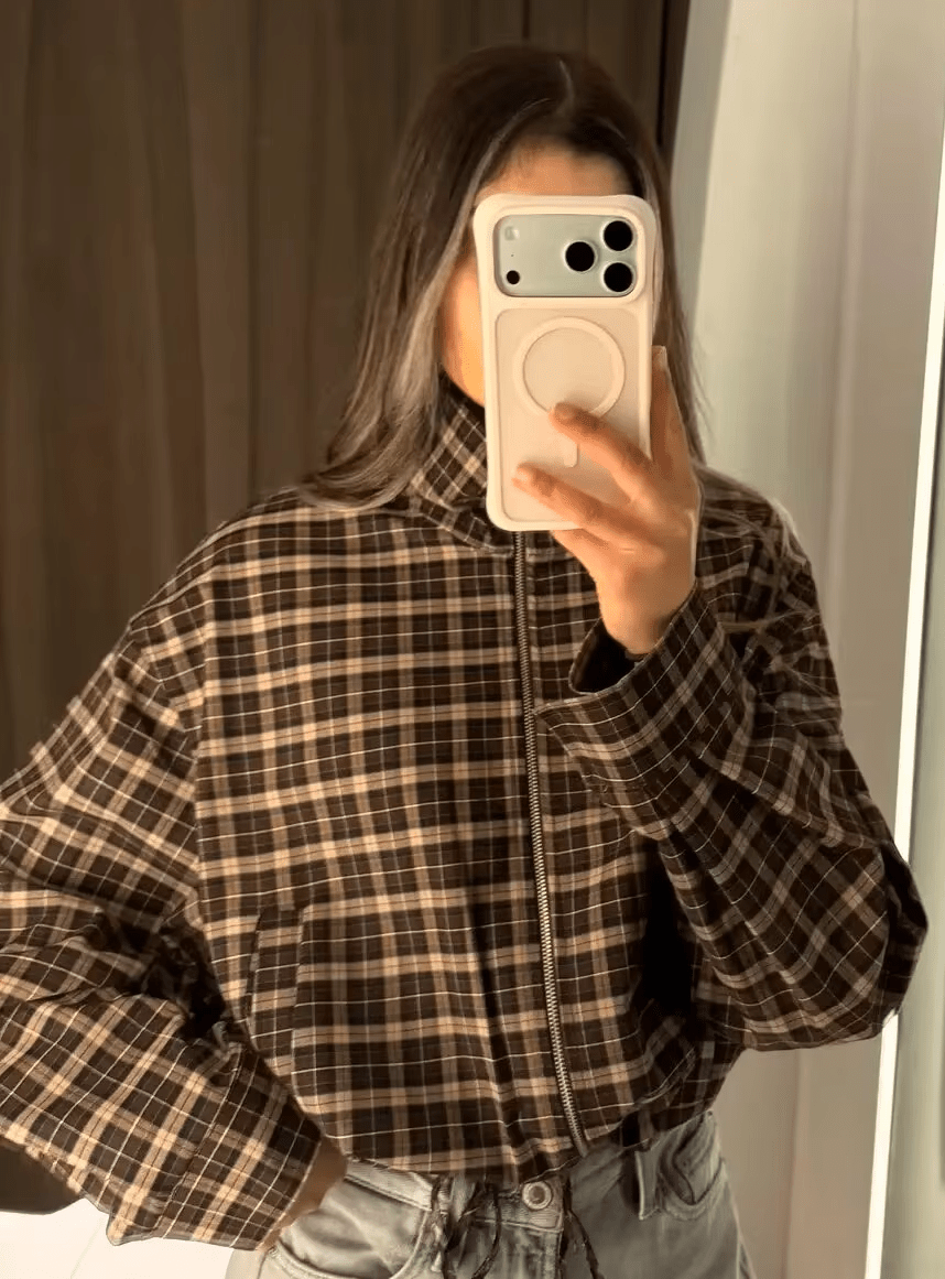 Dagny Check High-Collar Zip Coat in brown check – styled look