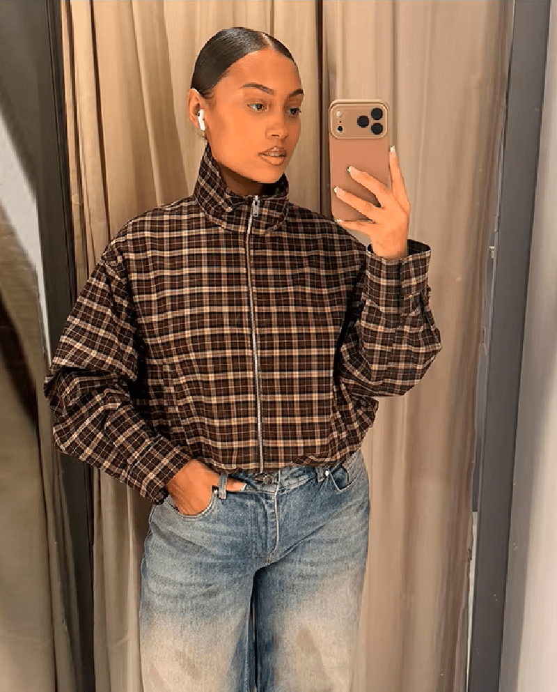 Dagny Check High-Collar Zip Coat in brown check – styled look