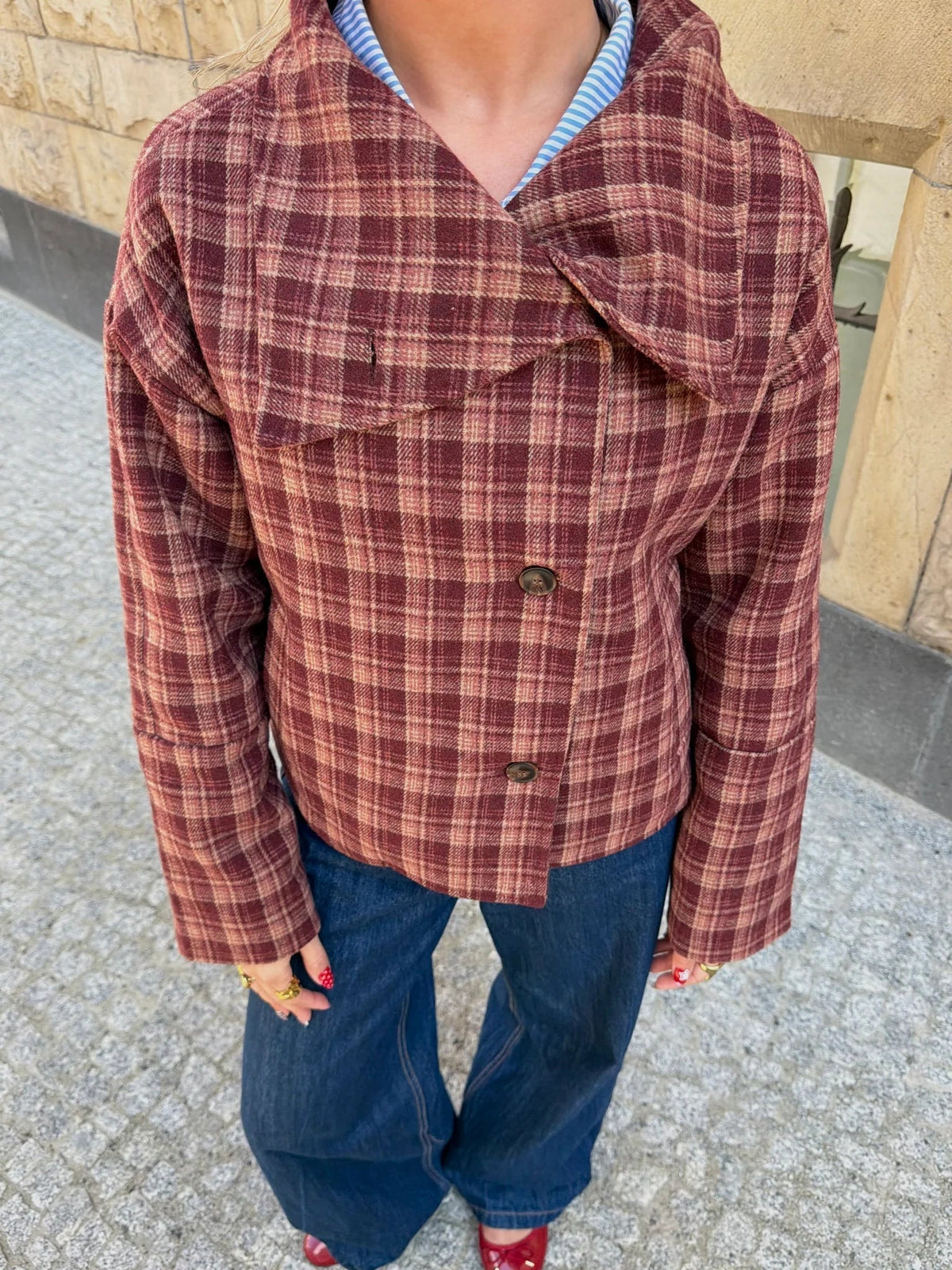 Edith Plaid Wool-Blend Coat in burgundy plaid – styled look
