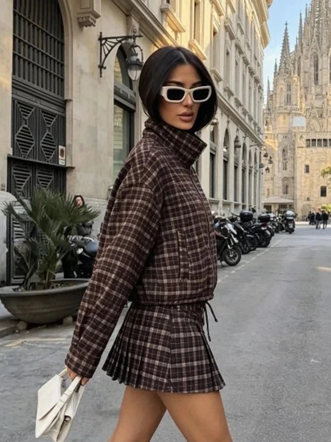 Iris Check Jacket & Mini Skirt Co-ord in brown check – styled look