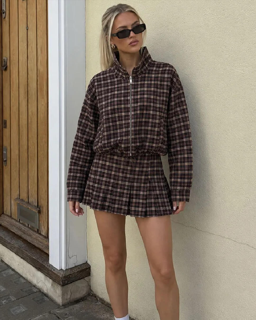 Iris Check Jacket & Mini Skirt Co-ord in brown check – styled look