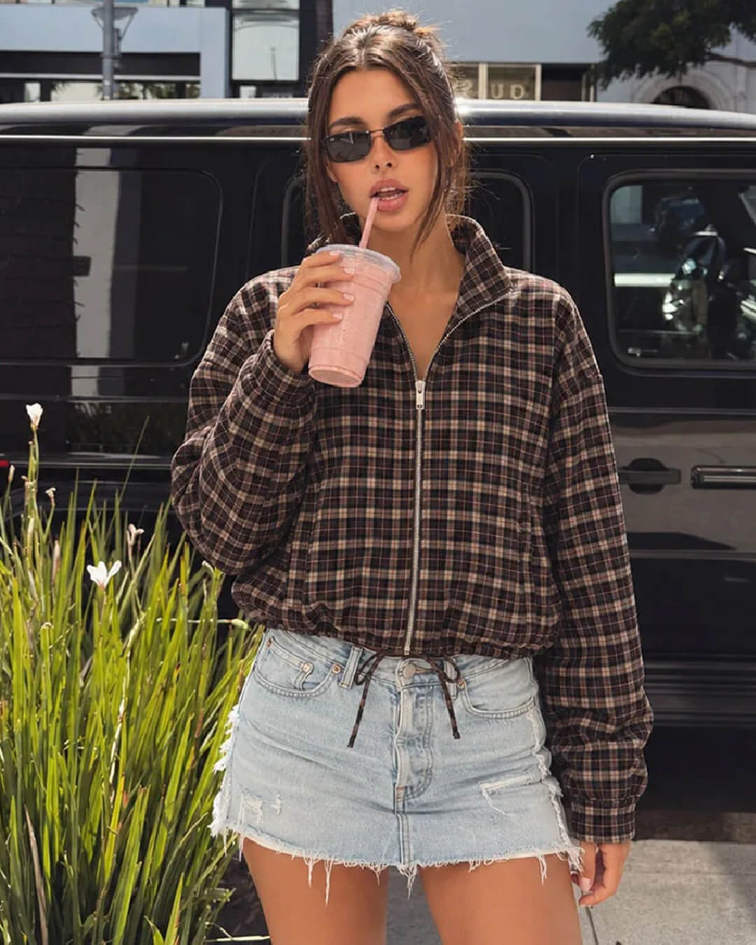 Iris Check Jacket & Mini Skirt Co-ord in brown check – styled look
