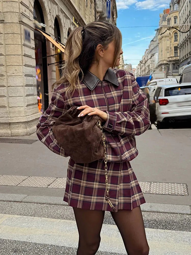 Josefine Check Bomber & Skort Co-ord in burgundy check – styled look