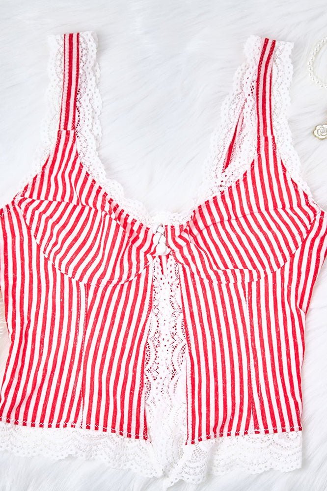 Top de alças Agda às riscas, com folhos e renda