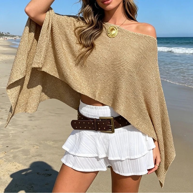 Capa poncho Ailva brilhante com ombros descobertos