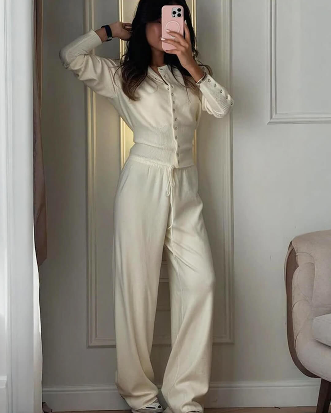 Conjunto Aimee de casaco de malha e calças