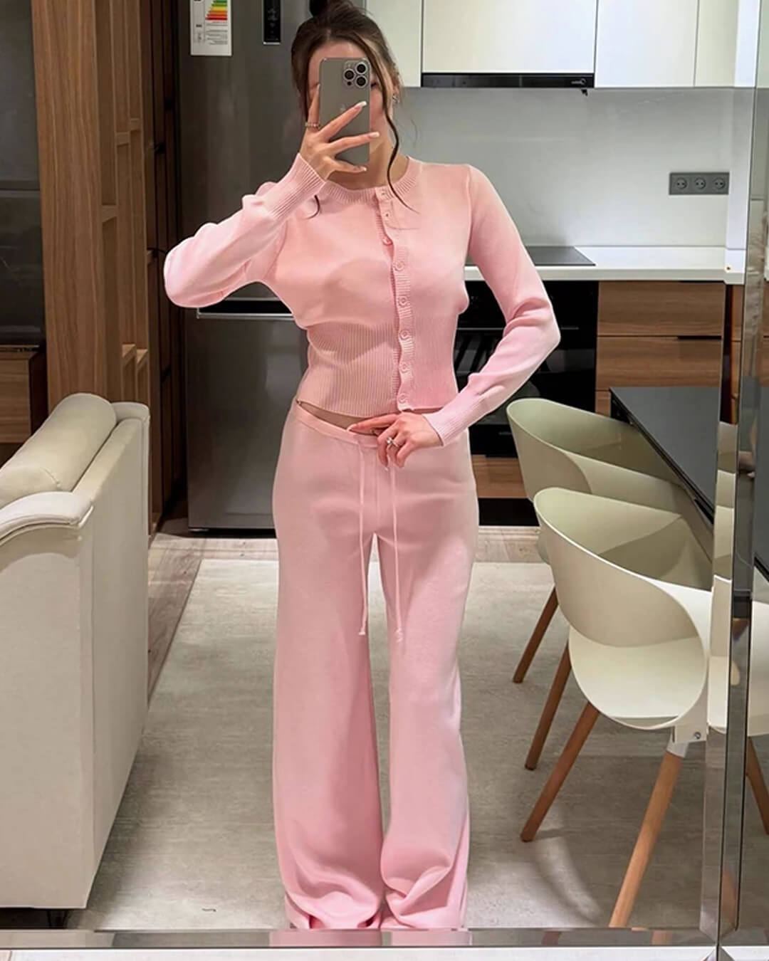 Conjunto Aimee de casaco de malha e calças