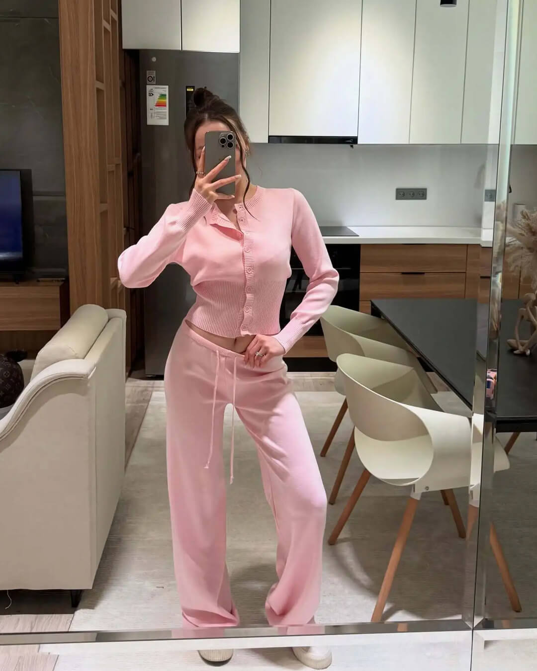 Conjunto Aimee de casaco de malha e calças
