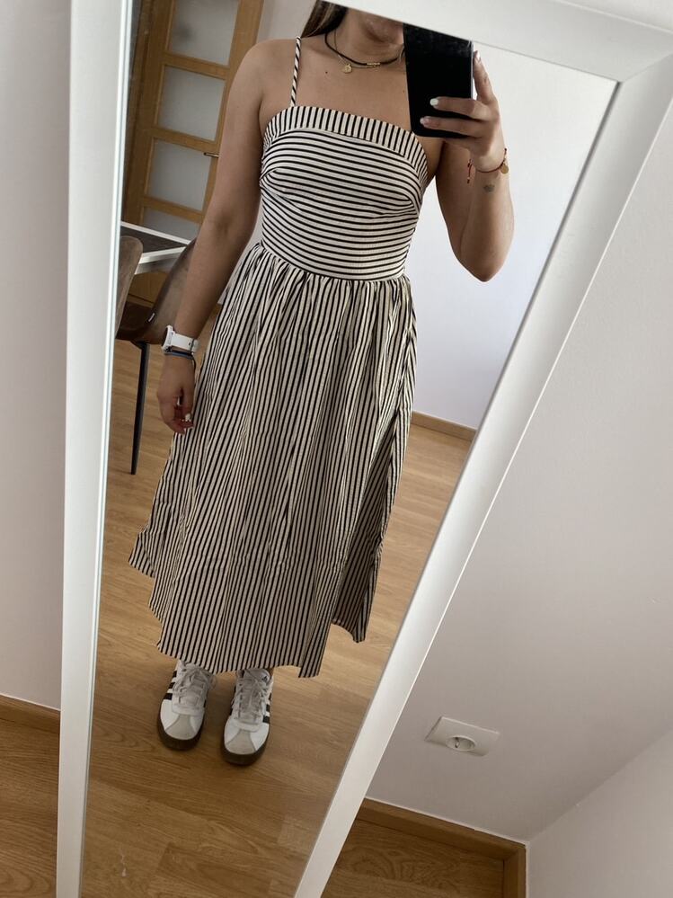 Vestido maxi Airlin às riscas, franzido e com alças finas