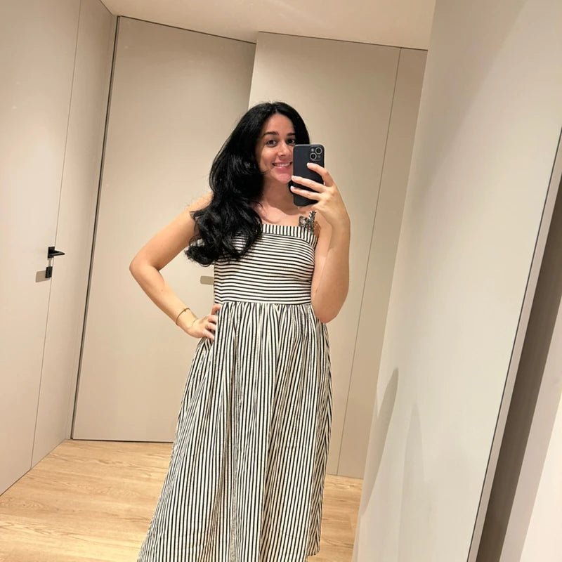 Vestido maxi Airlin às riscas, franzido e com alças finas
