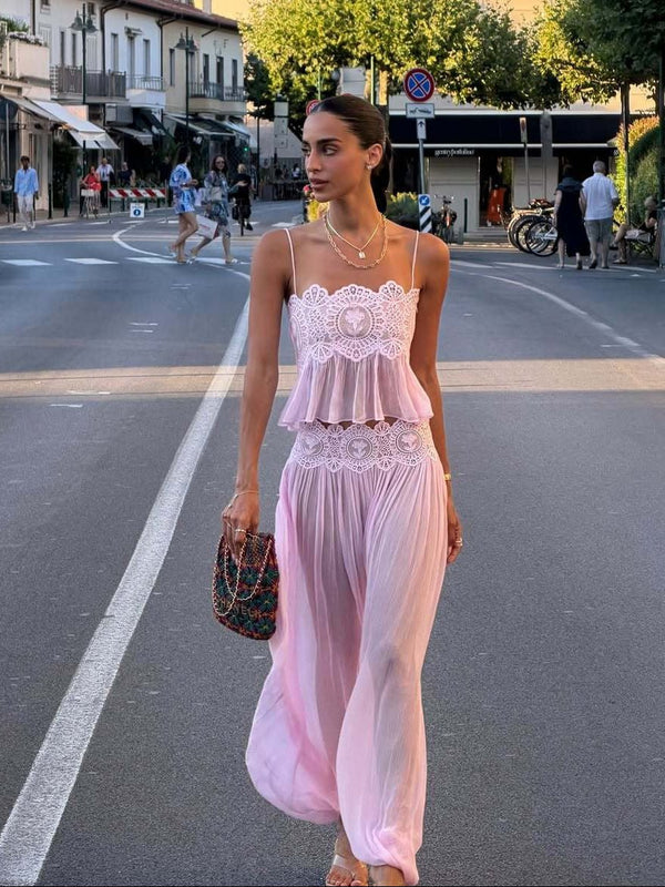 Conjunto Aiselma de calças em chiffon com renda