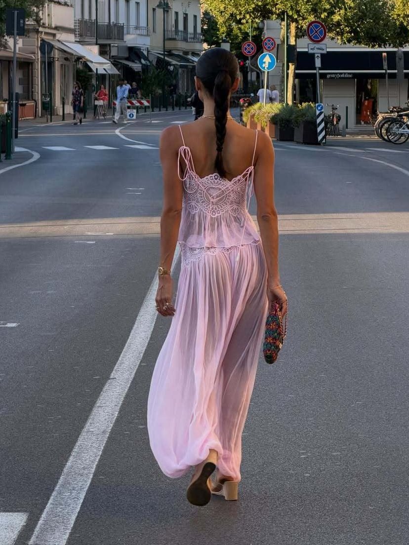 Conjunto Aiselma de calças em chiffon com renda
