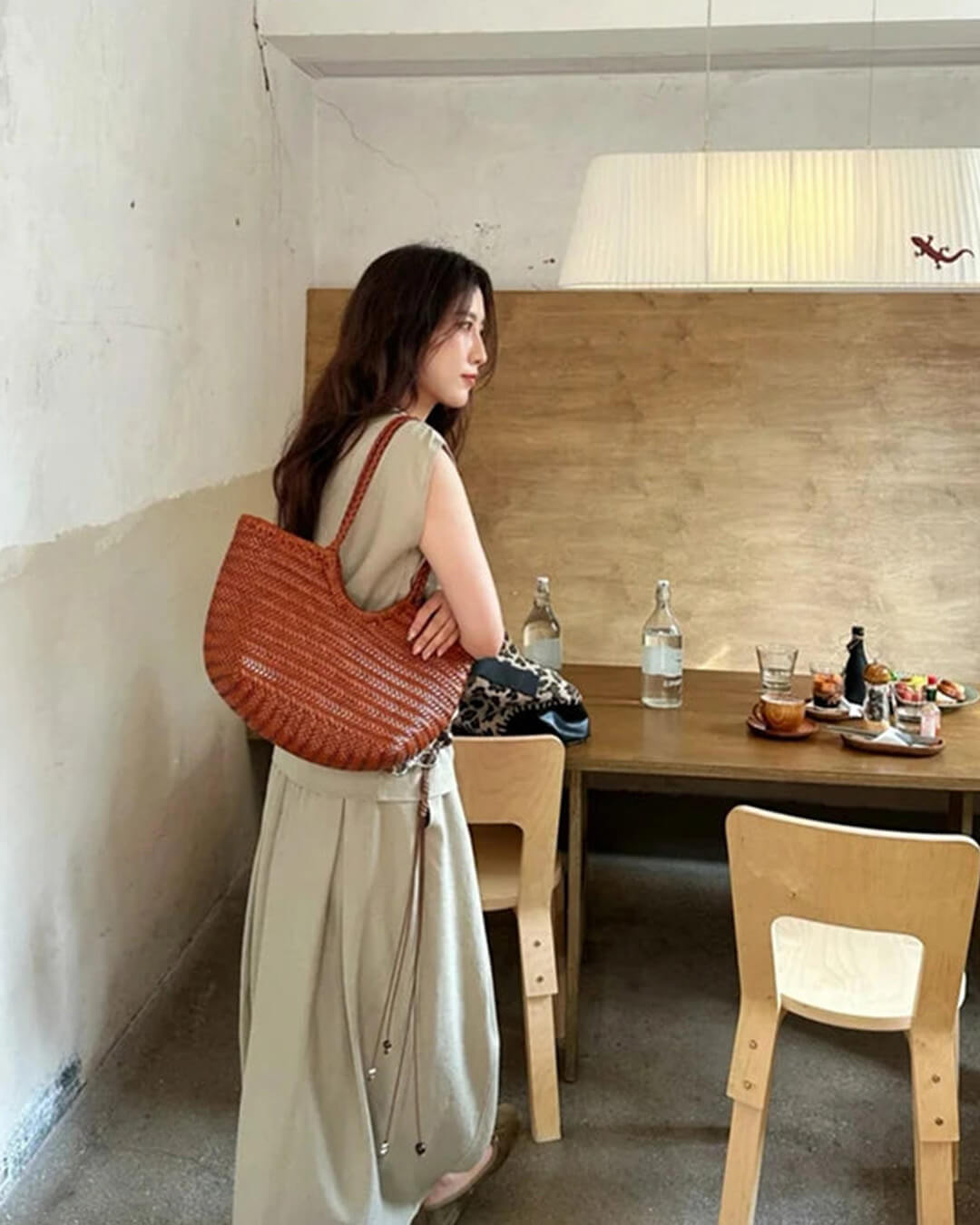 Alba Handwoven Tote Bag in Coffee, large size, interior view