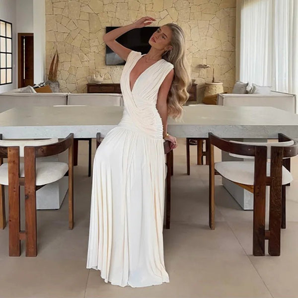 Vestido comprido drapeado com decote em V Alicia