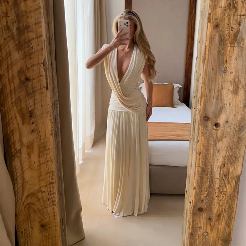 Vestido comprido drapeado com decote em V Alicia