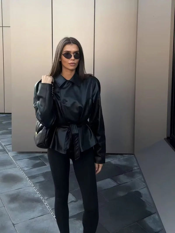 Alma Faux Leather Short Trench Coat