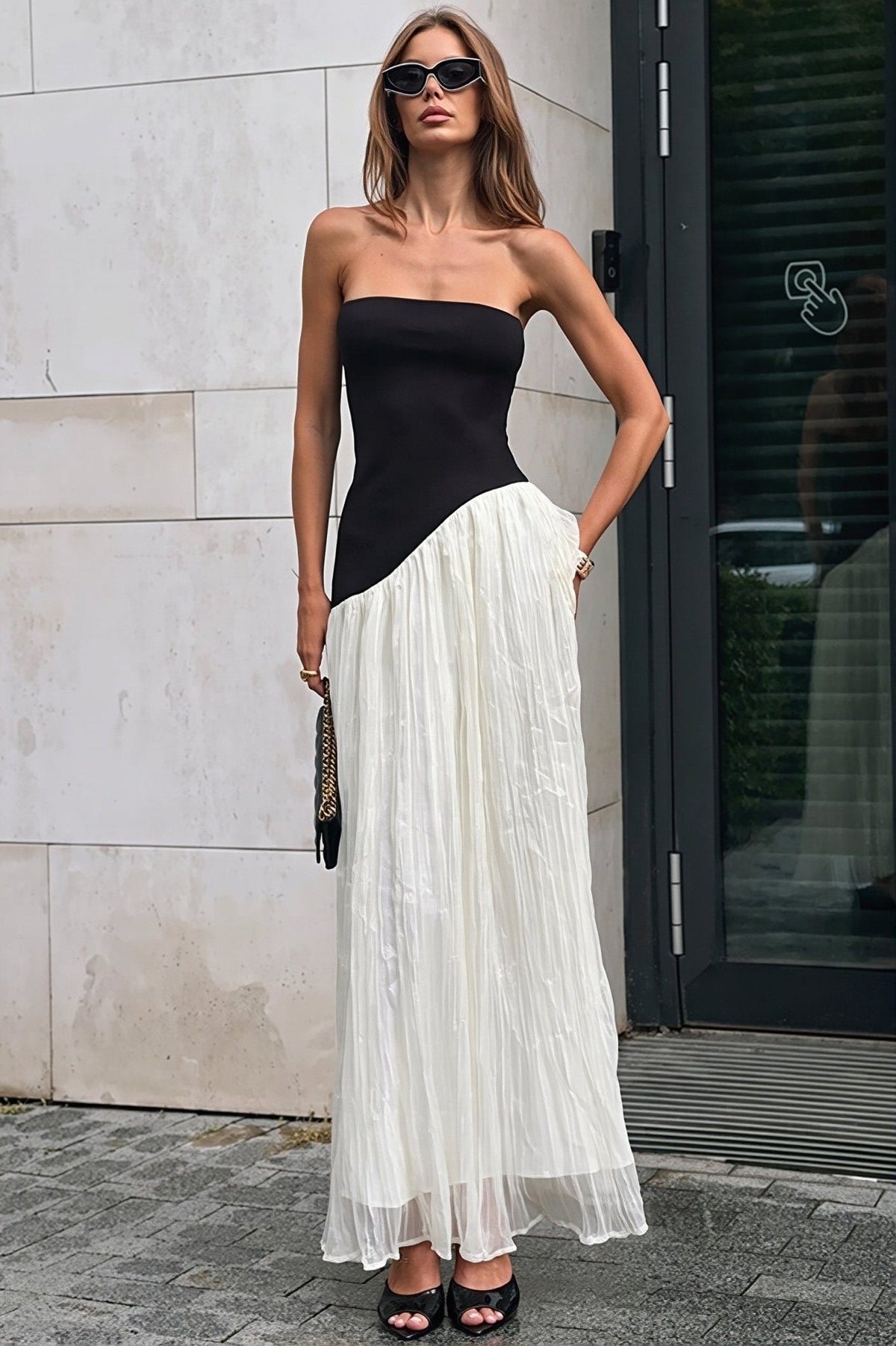 Vestido comprido irregular com contraste Amelie