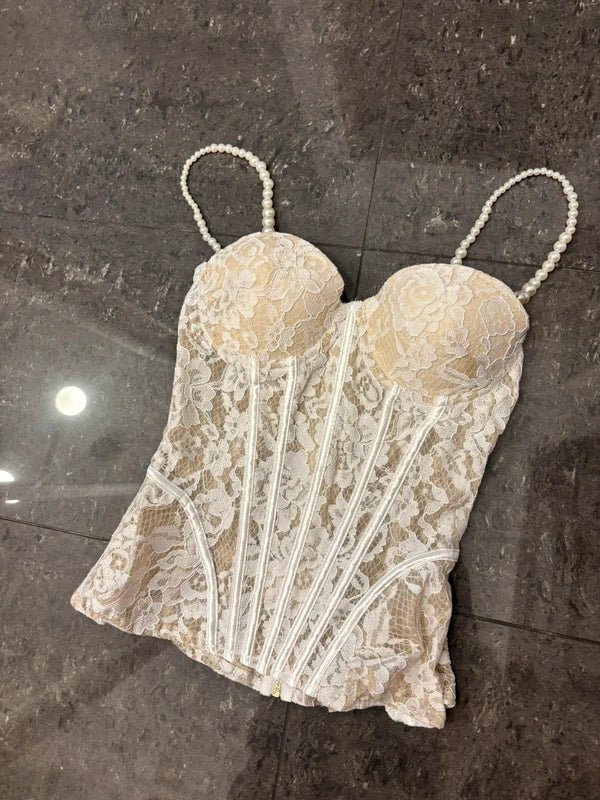 Top de alças tipo corpete em renda transparente Aneyla