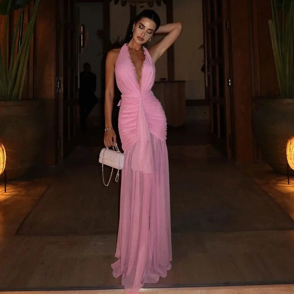 Vestido maxi de malha transparente com decote halter Angela