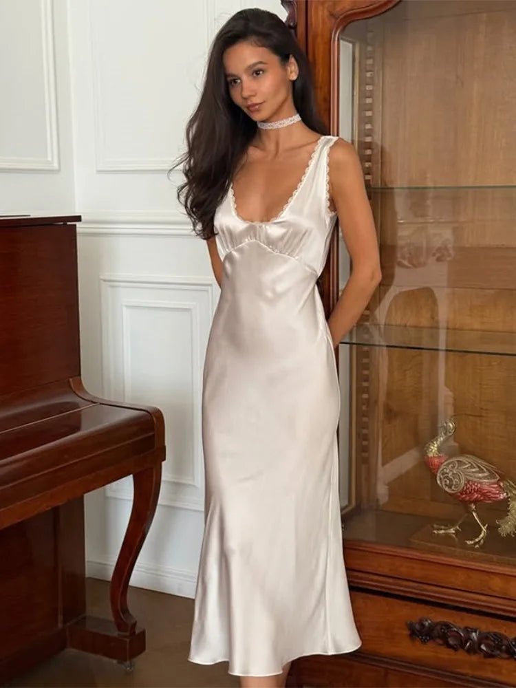 Deep V-neck satin-finish midi dress
