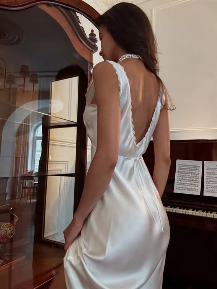 Deep V-neck satin-finish midi dress
