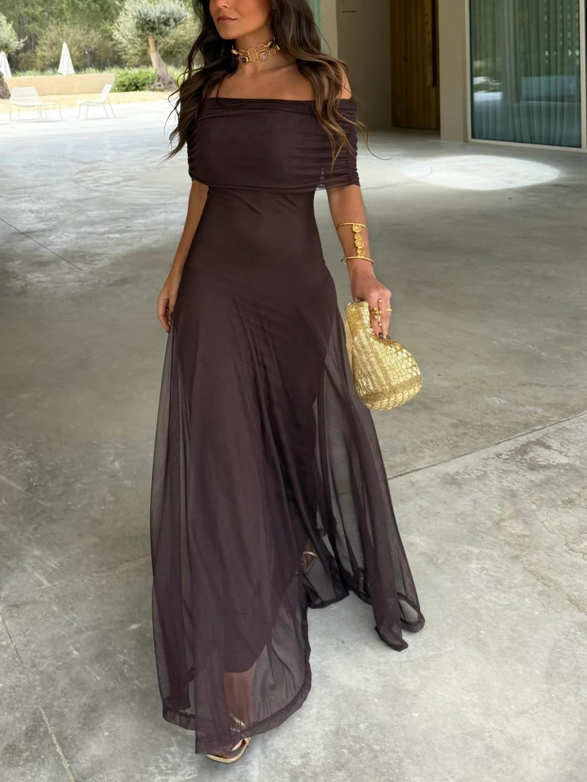 Vestido comprido drapeado Anya