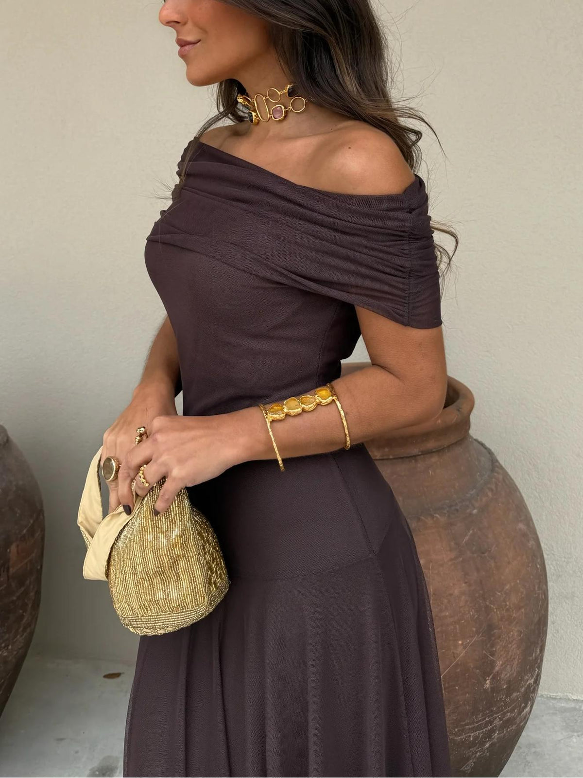 Vestido comprido drapeado Anya