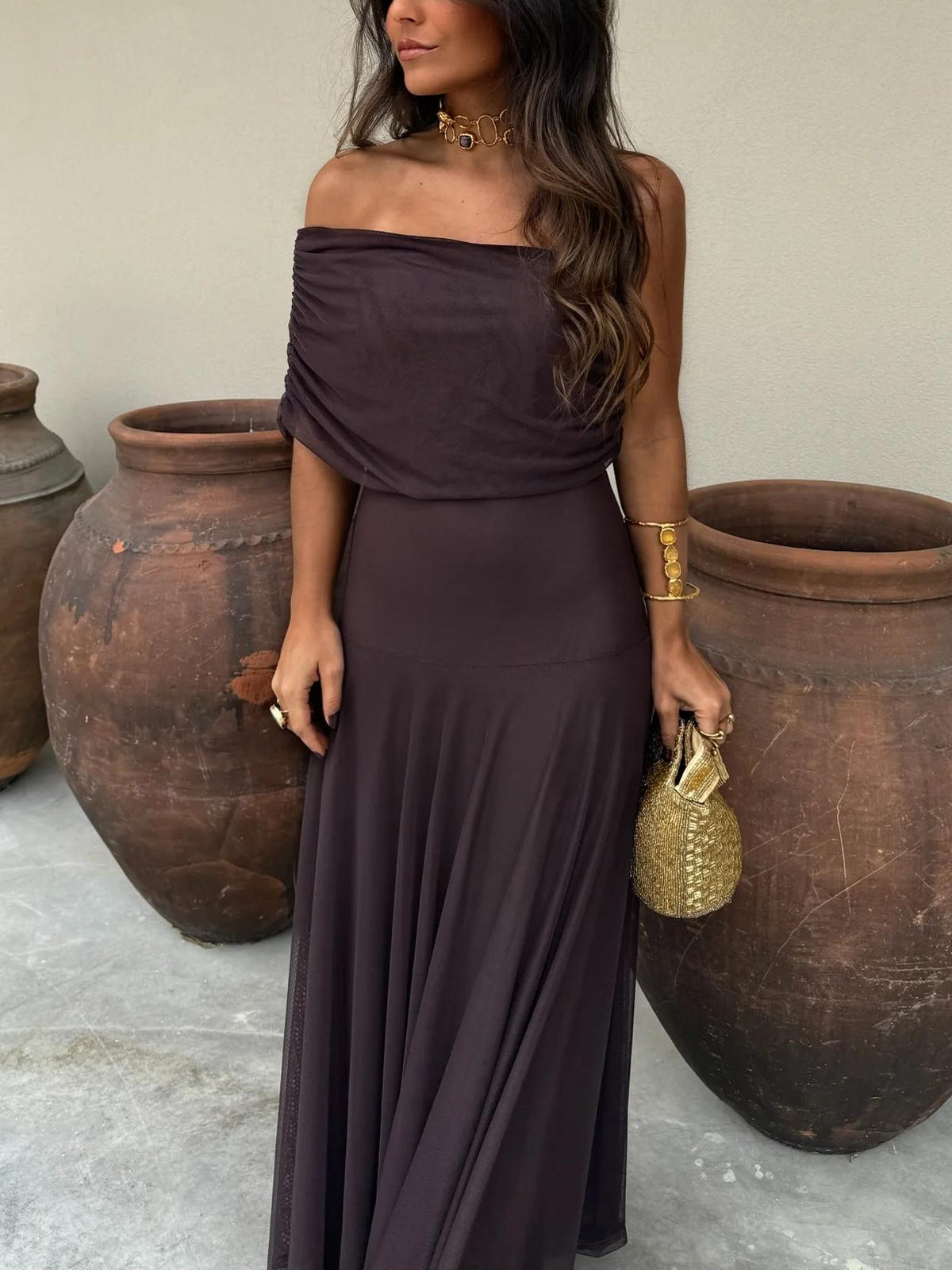 Vestido comprido drapeado Anya