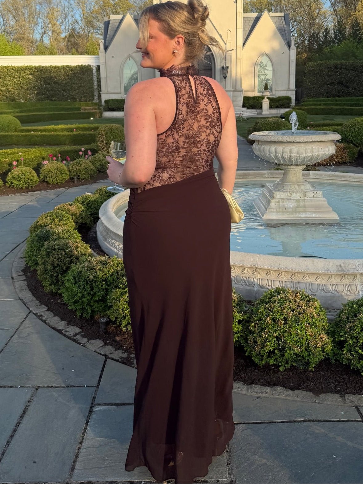 Vestido maxi de renda com patchwork e decote halter Ariadne