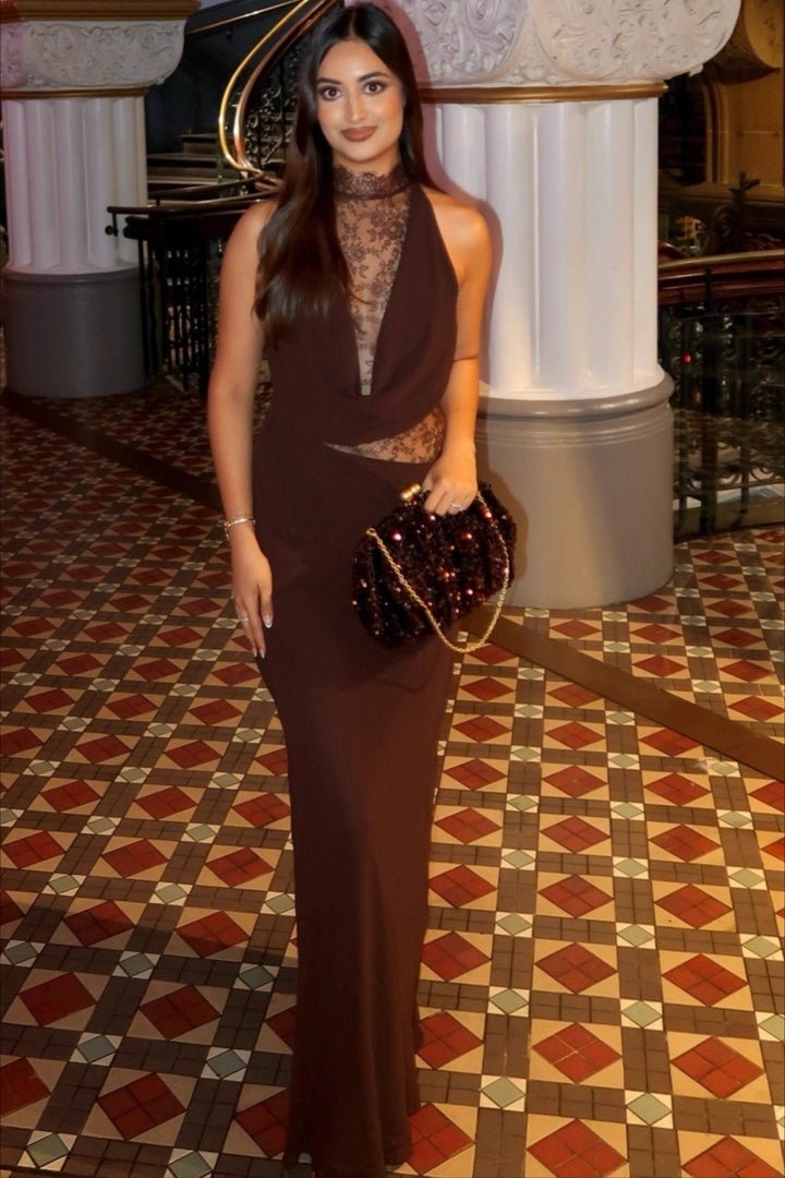 Vestido maxi de renda com patchwork e decote halter Ariadne