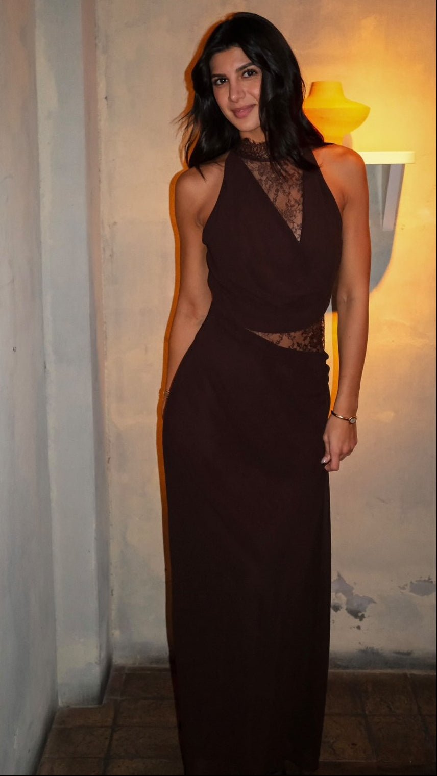 Vestido maxi de renda com patchwork e decote halter Ariadne