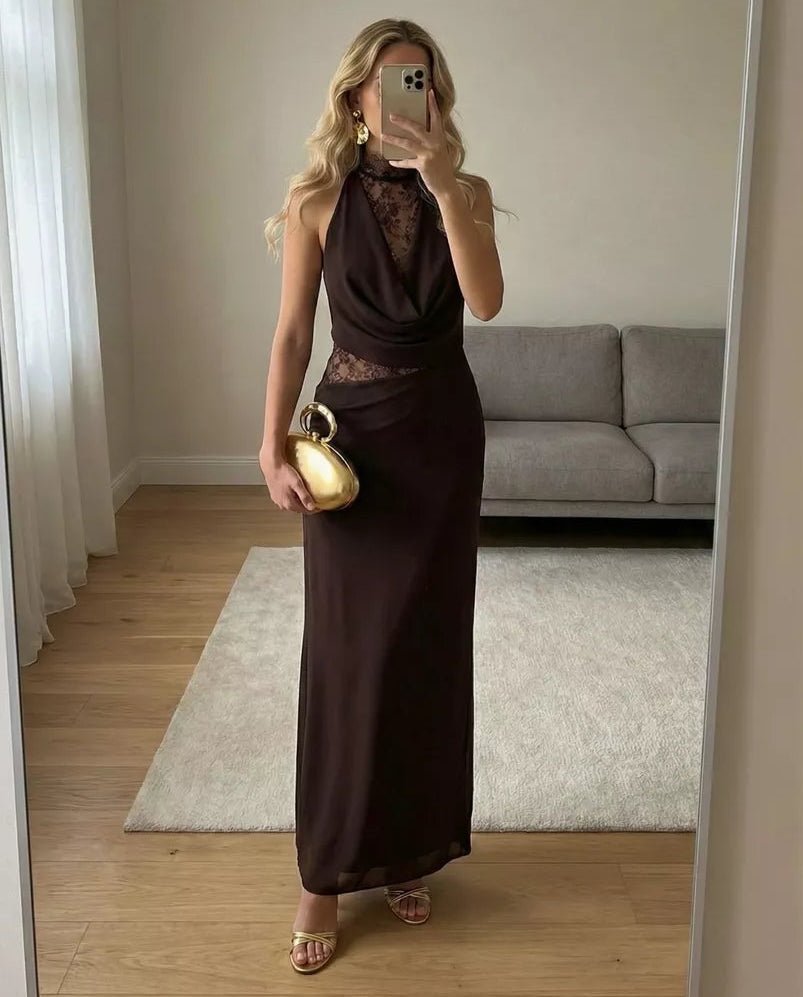 Vestido maxi de renda com patchwork e decote halter Ariadne