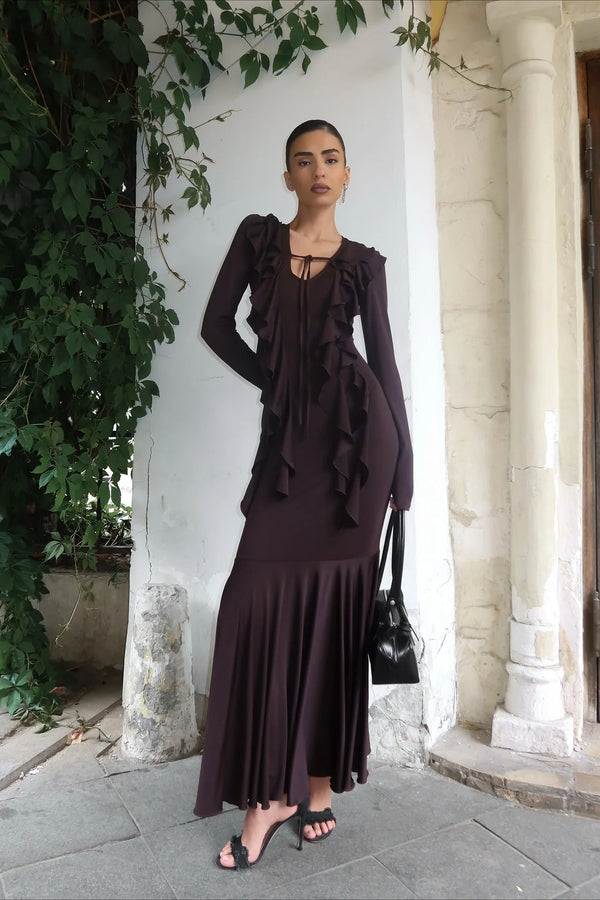 Vestido maxi de mangas compridas com folhos Arielle