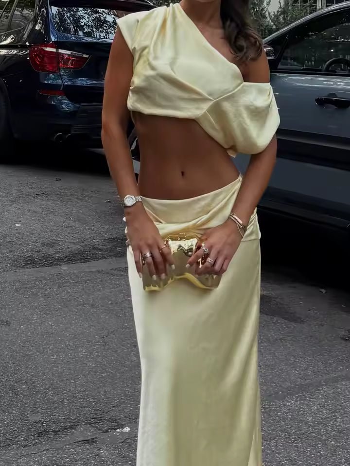 Conjunto de top curto e saia plissados de cetim Arlette