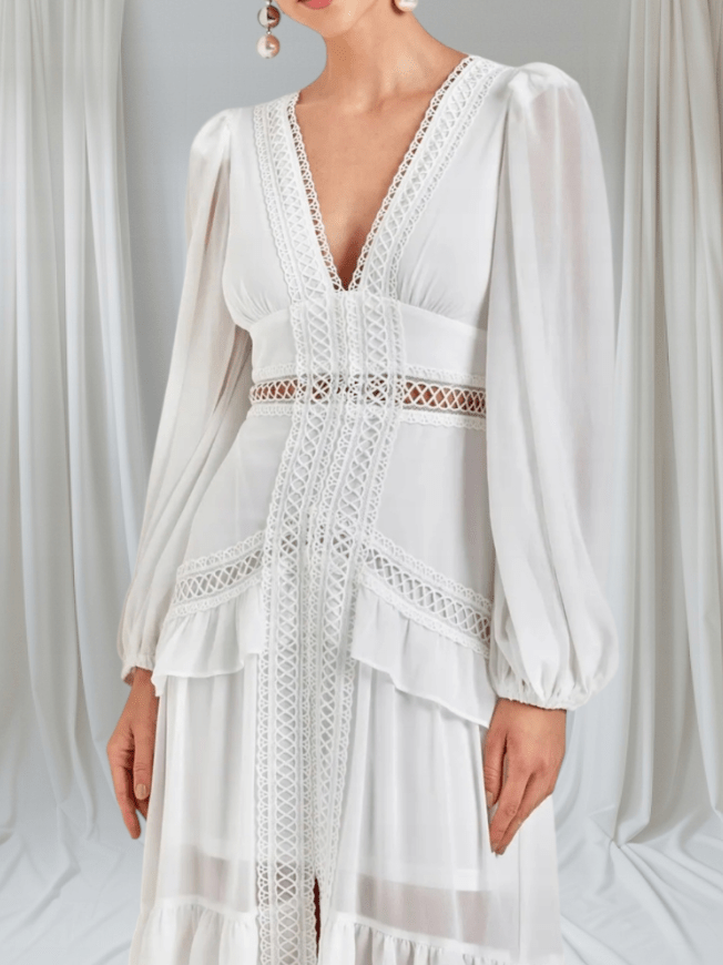 Vestido maxi Aryna em chiffon com folhos