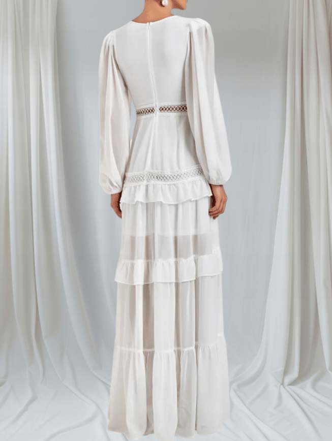 Vestido maxi Aryna em chiffon com folhos