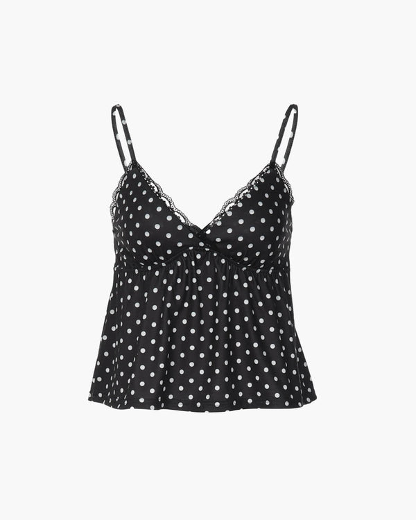 Camisola de alças Audrey com padrão de pintas e acabamento em renda