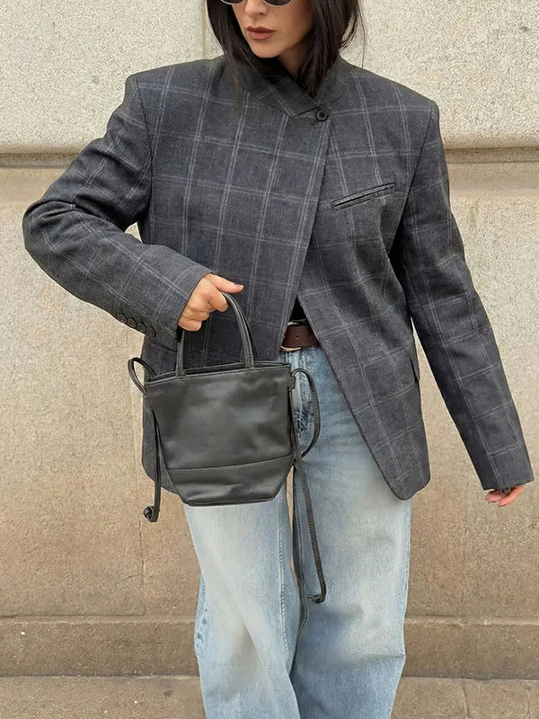 Aurelia Stand Collar Plaid Blazer