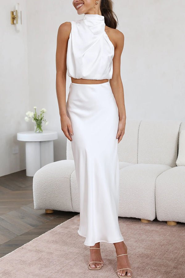 Conjunto acetinado de duas peças para convidadas de casamento Beatrice