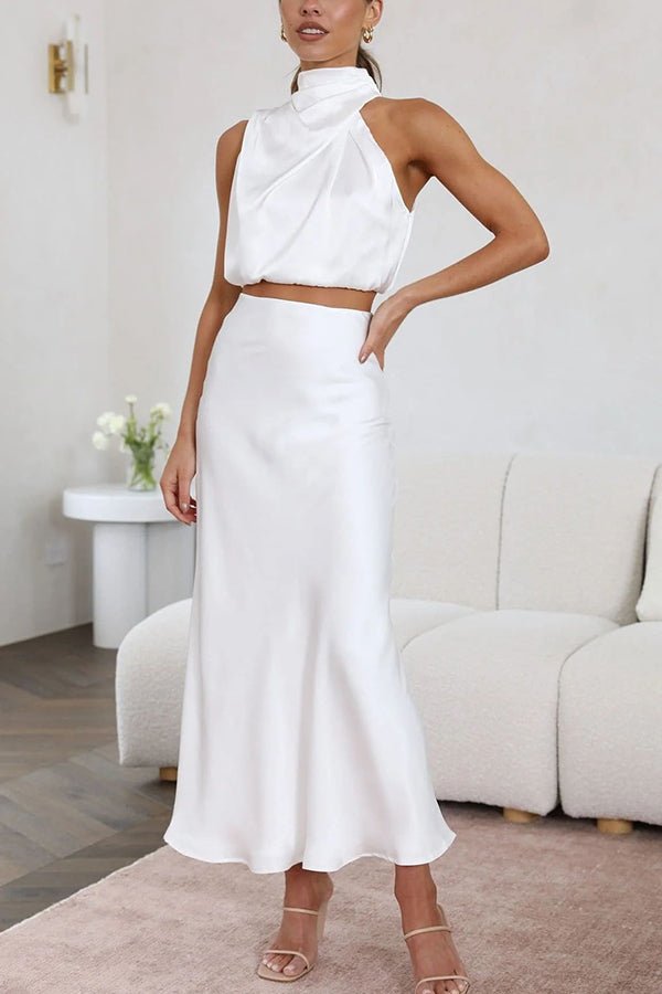 Conjunto acetinado de duas peças para convidadas de casamento Beatrice
