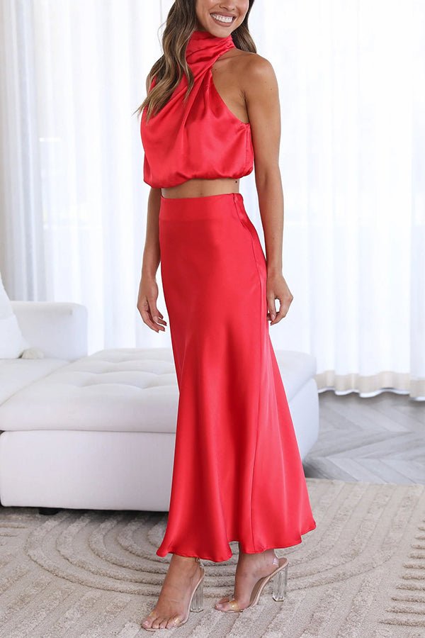Conjunto acetinado de duas peças para convidadas de casamento Beatrice