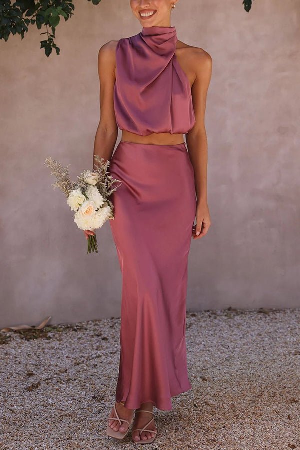 Conjunto acetinado de duas peças para convidadas de casamento Beatrice