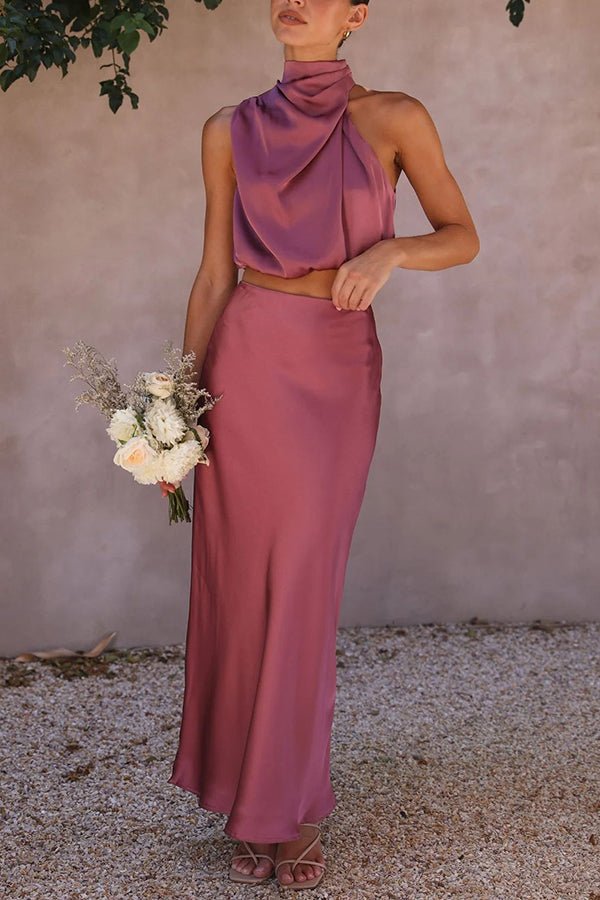 Conjunto acetinado de duas peças para convidadas de casamento Beatrice