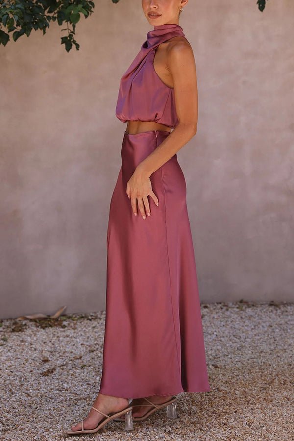 Conjunto acetinado de duas peças para convidadas de casamento Beatrice