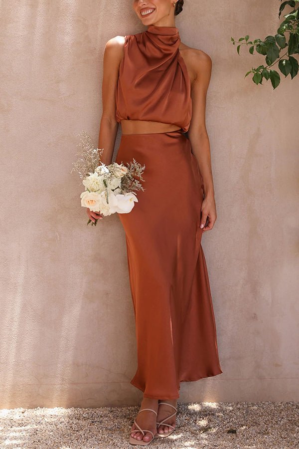Conjunto acetinado de duas peças para convidadas de casamento Beatrice